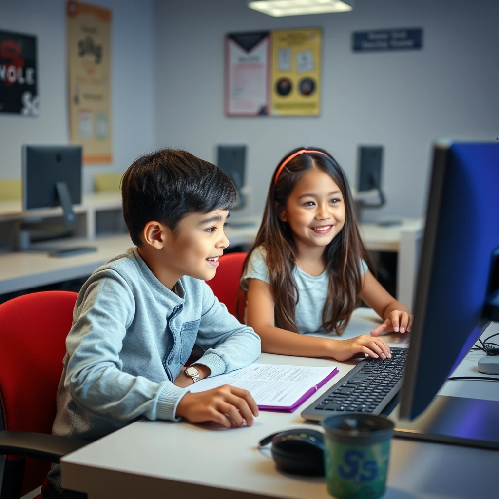 boy and girl，at computer study
 - Image