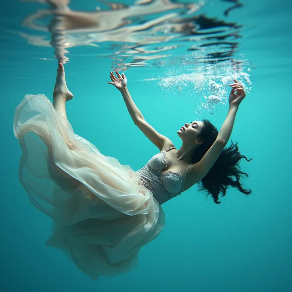 A symbolic photo: A young woman dancing underwater. Life and sensitivity. Perfection.