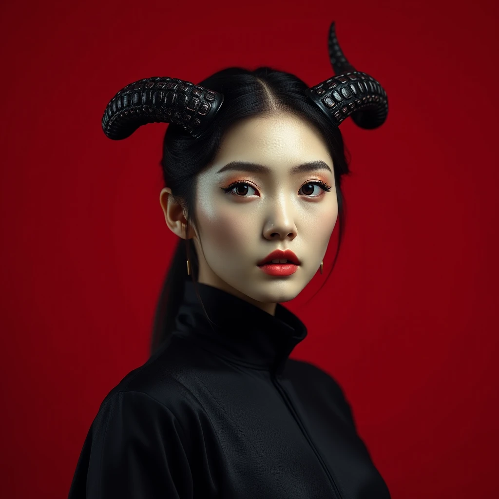 A Korean beautiful idol with horns and a beautiful face, in a black outfit in the style of James Jean, against a flat red background, with cinematic lighting, in a minimalist design, with dark contrast. - Image