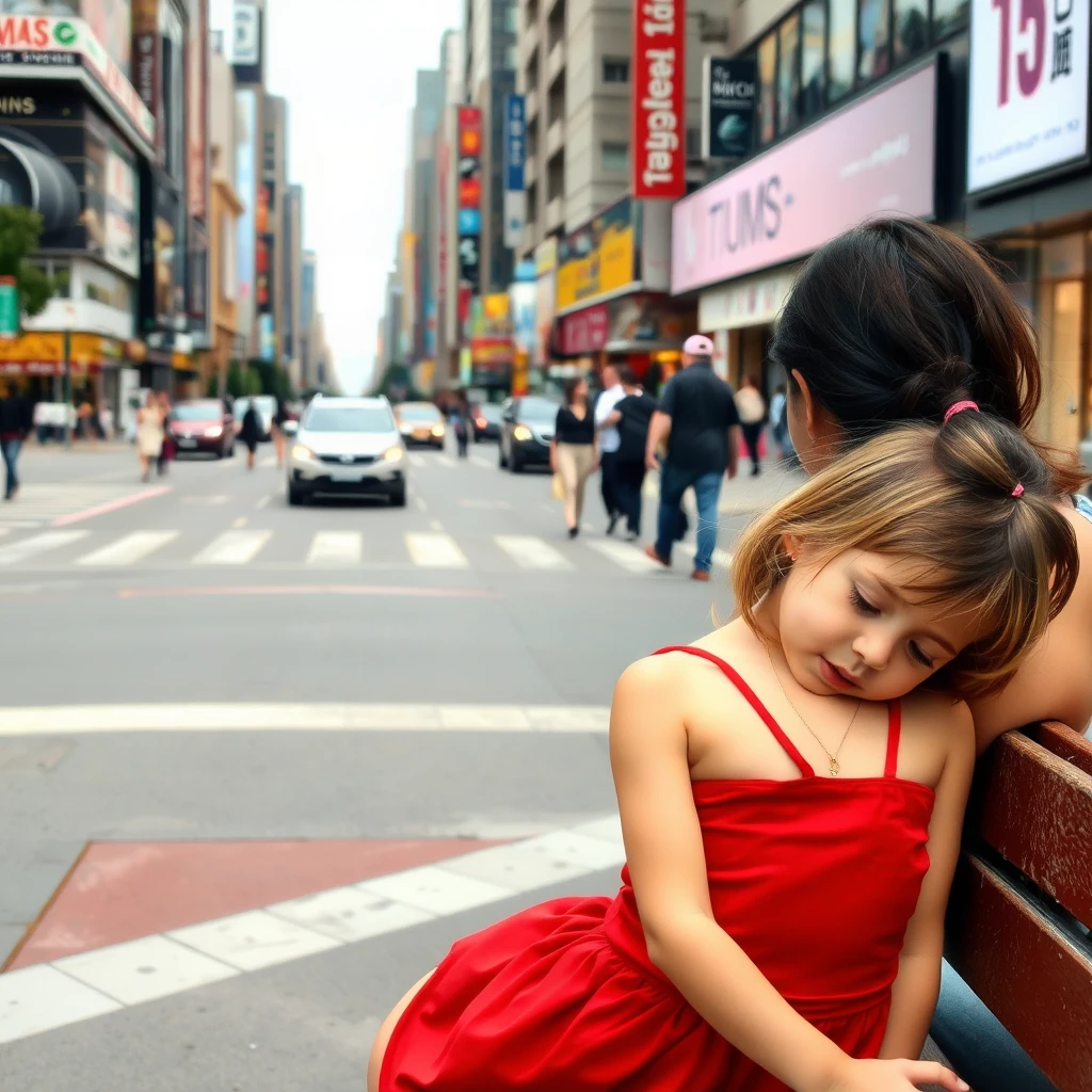 A downtown street with a lot of ads, traffic, and people; a little girl wearing a tight red dress is sitting on the bench, resting her head on her mother’s shoulder. - Image