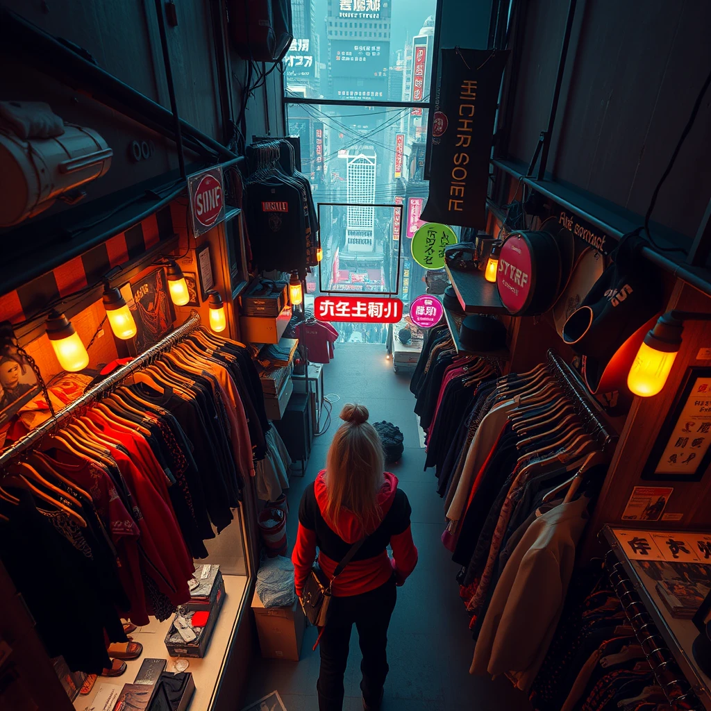 Women's wear shop, aerial view, sweet cyberpunk style.