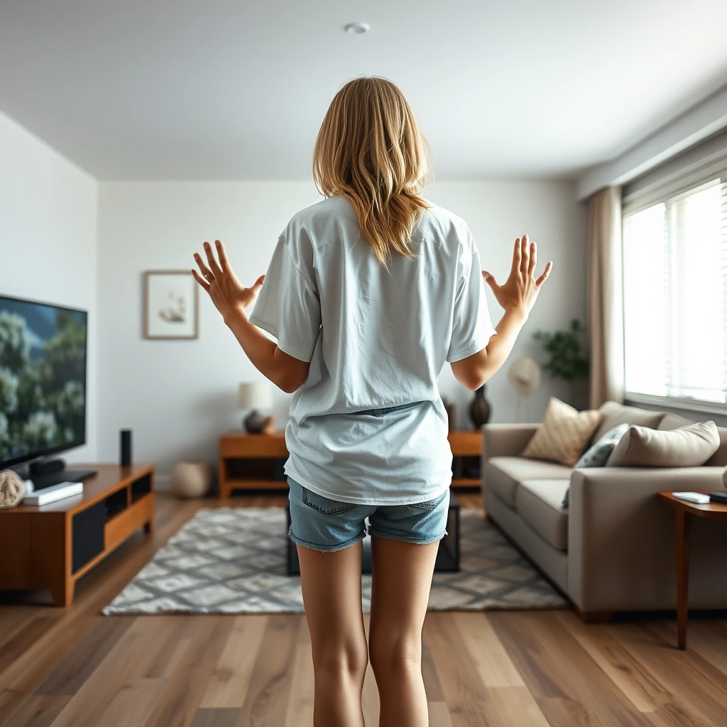 Side view of a skinny blonde woman in her large living room, wearing an extremely oversized white short-sleeved shirt and light blue denim shorts. She is barefoot and facing her TV, where both her hands disappear when they touch the screen.