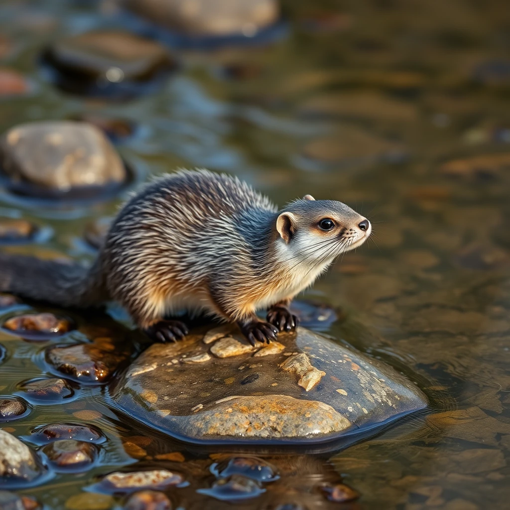 Photo realistic: Weasel on a pebble in the creek.