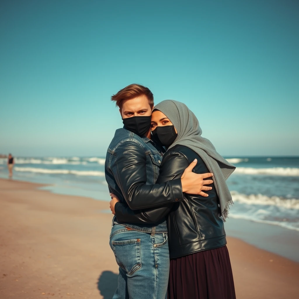 Jamie Dornan's head and body shot, handsome, black face mask, denim jacket, jeans, dating, love couple with the biggest grey hijab Muslim girl, beautiful eyes, black face mask, black leather jacket, biggest skirt, at the beach, hugging from behind, hyper-realistic, street photography, selfie. - Image