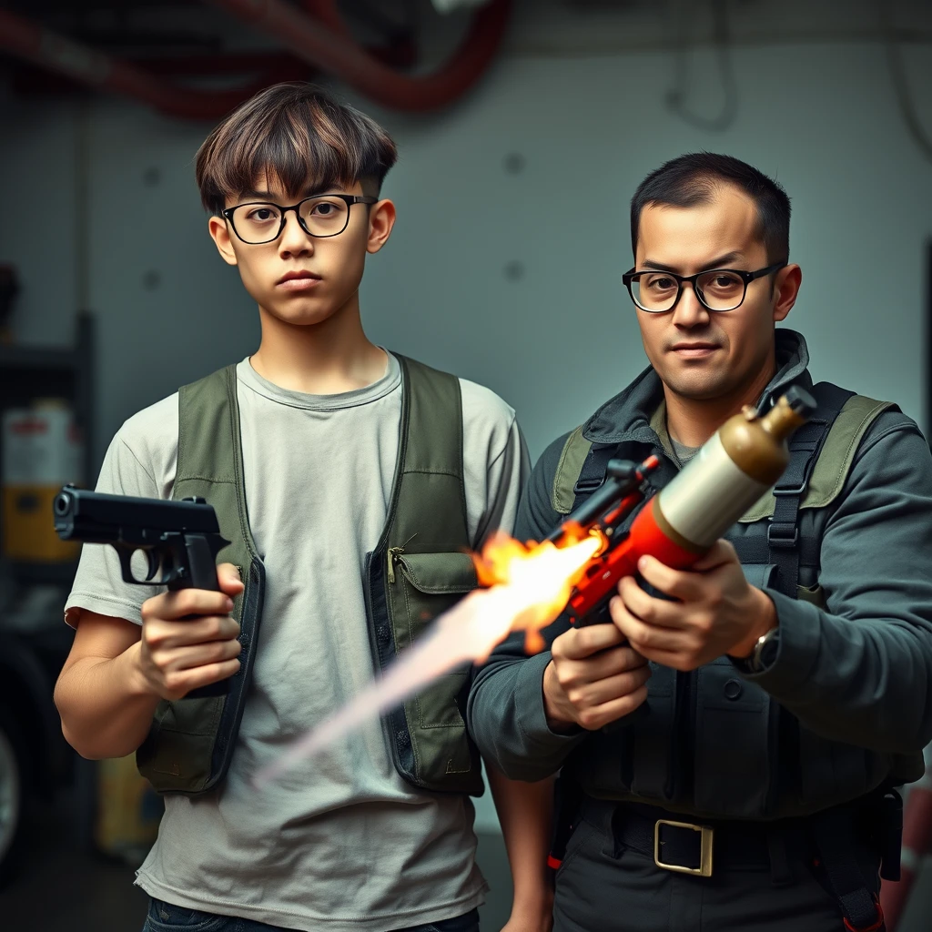 21-year-old white thin long-faced young northern Chinese man with a square chin, wearing square glasses, holding a pistol, "medium/long length hair"; 21-year-old white Italian/Caucasian man wearing round glasses and short hair holding a very large fire extinguisher flamethrower; garage setting; both angry and wearing a military vest. - Image