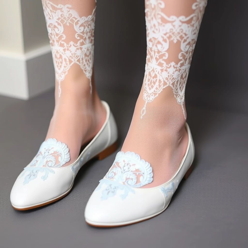 White flat pumps embroidered with a detailed light blue pattern made from see-through fabric, white laced thigh-highs.