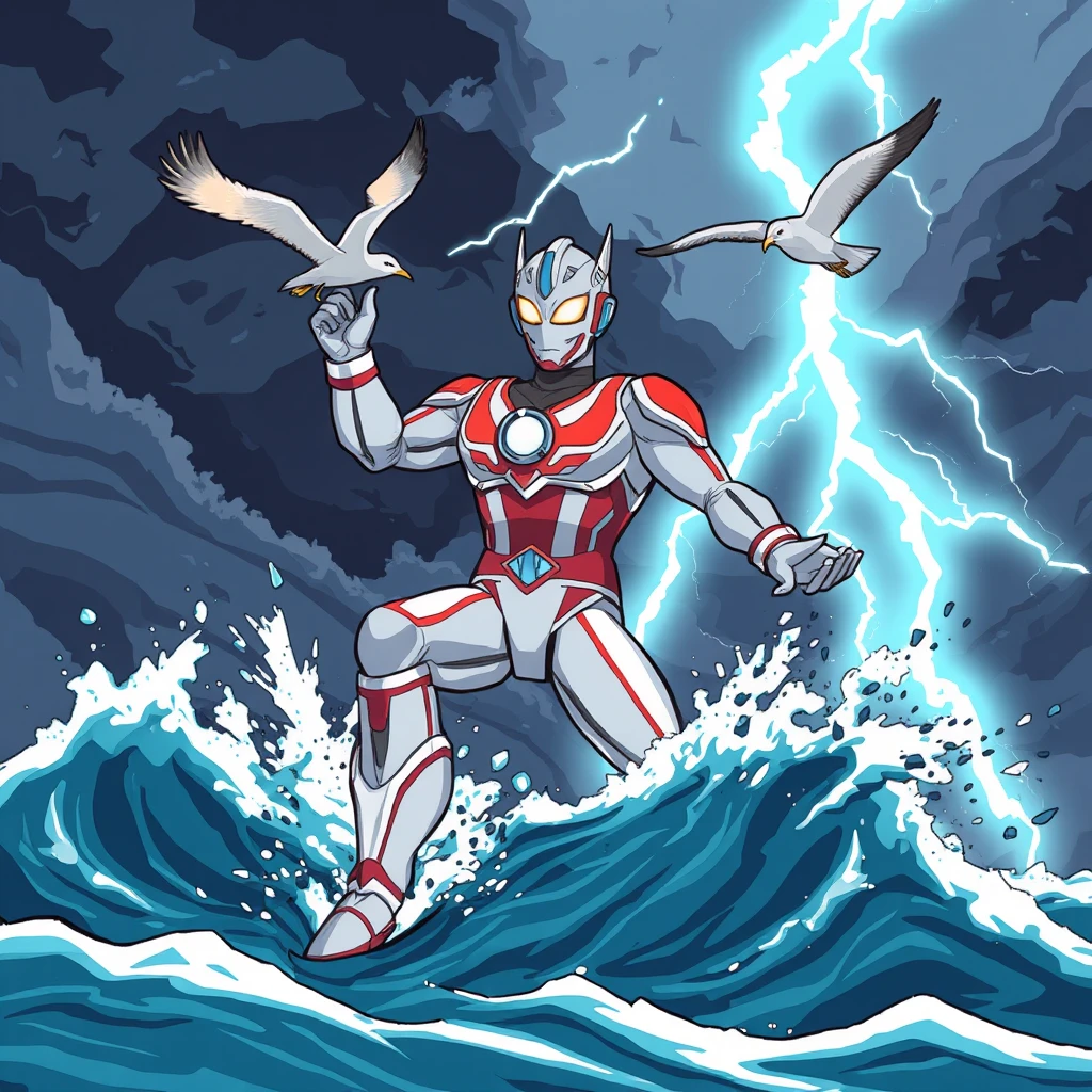 "Storm, sea, lightning, seagull, a giant Ultraman in battle, cool-toned, cartoon pixel style." - Image