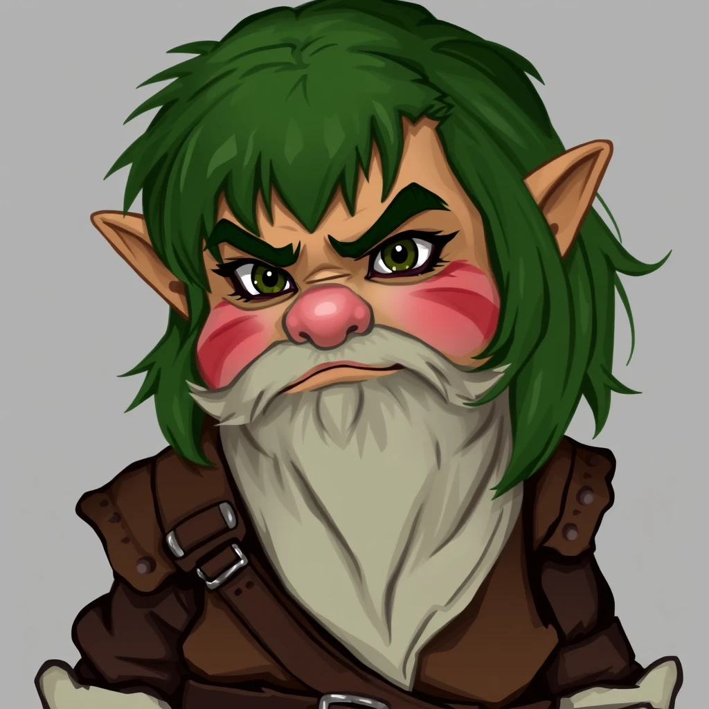 A small green-haired gnome in a leather adventurer's outfit with a bruise on one cheek and a rough and untrustworthy atmosphere.