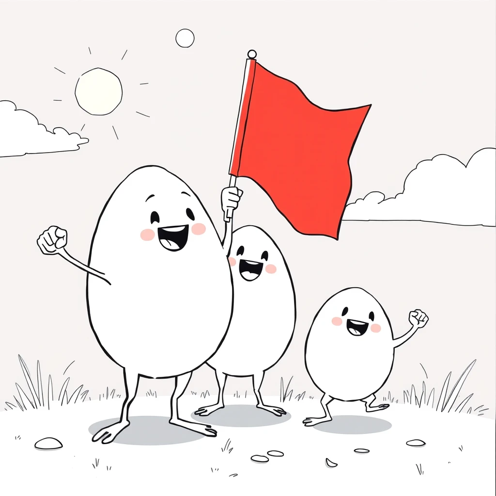 lineart comic, three eggs hanging a red flag and swinging their fist - Image