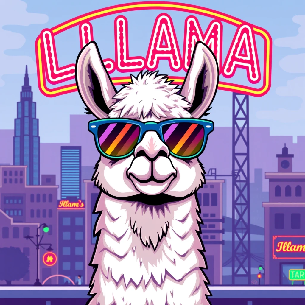 A fun and vibrant pixel art illustration of a hipster llama wearing retro sunglasses and sporting rainbow colors. The llama, looking cool and confident, gazes directly at the camera with a playful demeanor. The retro-style background features a cityscape with a neon sign displaying the word "LLAMA" in bold, eye-catching typography. The overall scene exudes a charming, nostalgic, and whimsical atmosphere., typography, illustration