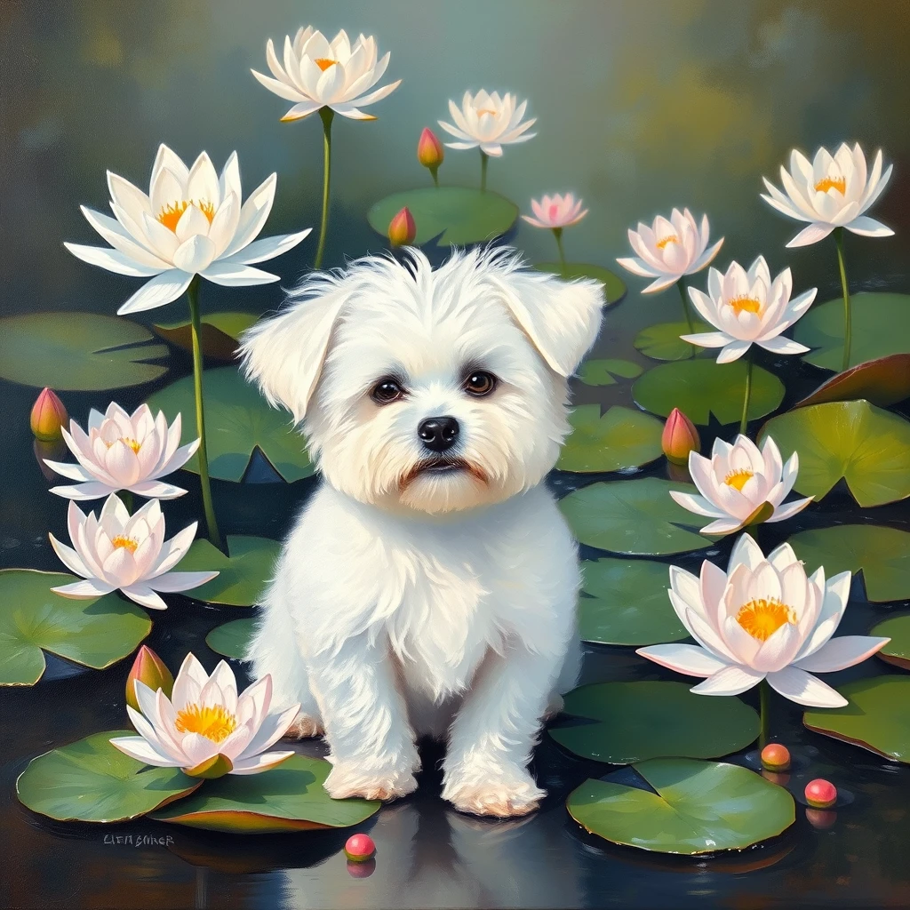 white cute fluffy small Bichon Frise, the background is filled with beautiful Water lilies, monet sytle, the overall style is oil painting 