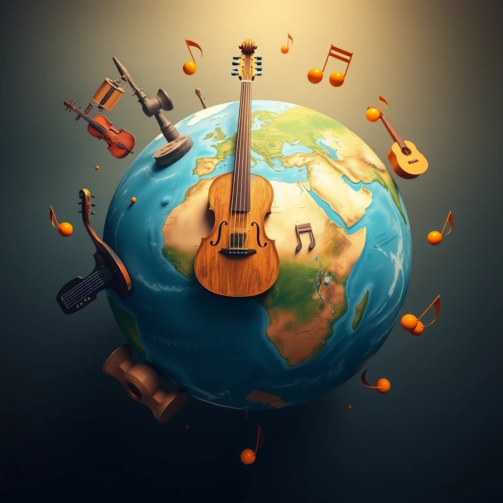 Earth globe with musical instruments and notes flying around.