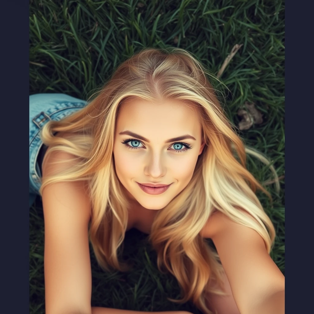 medium quality phone photo, posted to snapchat of attractive blonde woman laying on grass - Image