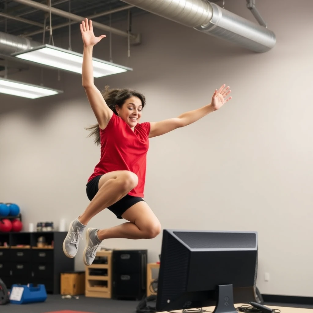 Gym teacher jumping off of computer monitor