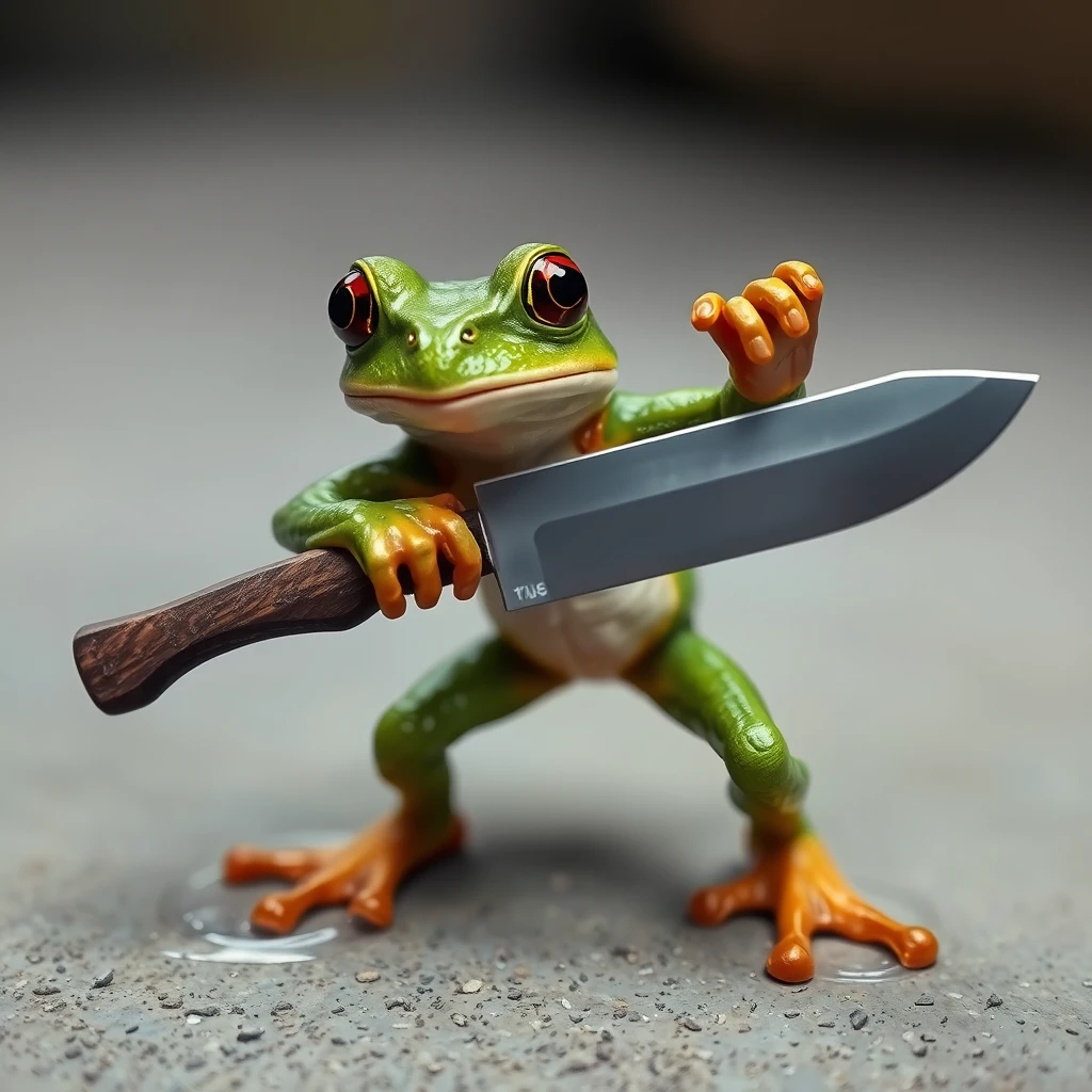 A realistic frog wielding a machete