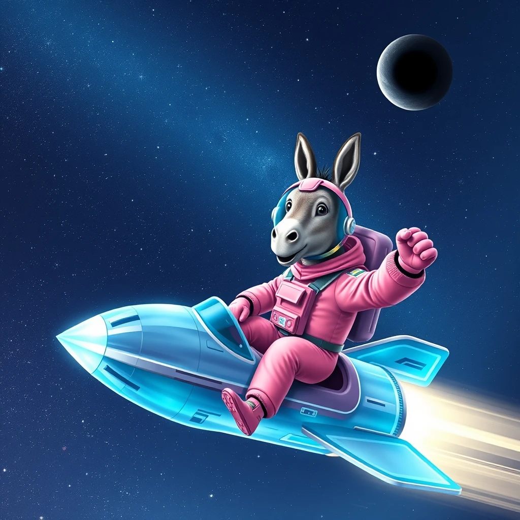 An ambitious donkey wearing pink astronaut costume, riding on a crystal light cyan stunning spaceship, making a punching gesture, flying to the outerspace under a clear night sky with lots of shining stars, passing by a huge black-hole. Realistic style.