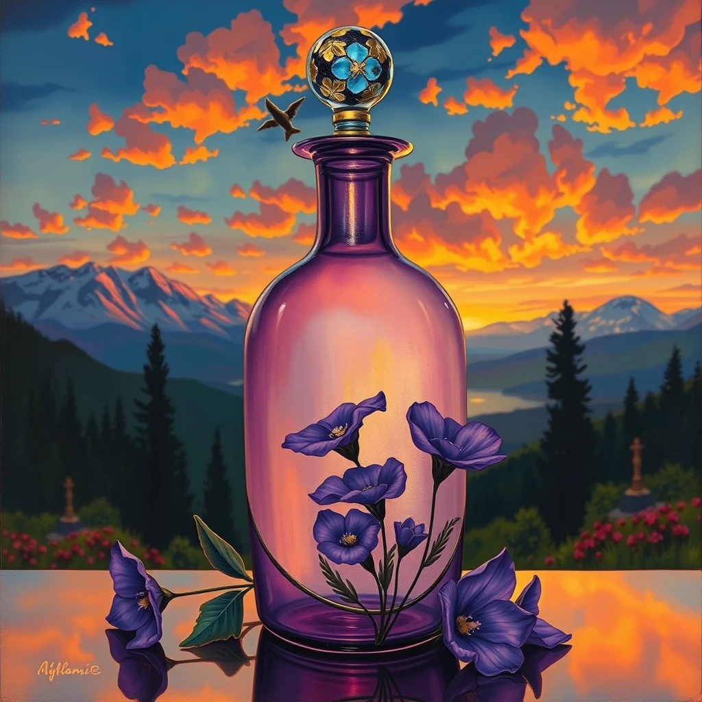 "The art of Alphonse Mucha, cosmetic glass bottle, violet, rendering, beautiful scenery, dramatic colors." - Image