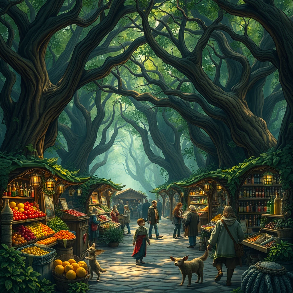 A bustling market set in a mystical forest, where trees have intertwined branches forming natural arches. Stalls made from tree trunks and leaves display exotic fruits, magical potions, and enchanted artifacts. Forest creatures like fairies, elves, and talking animals interact with human merchants. The light filters through the dense canopy, casting a greenish glow over the scene. - Image