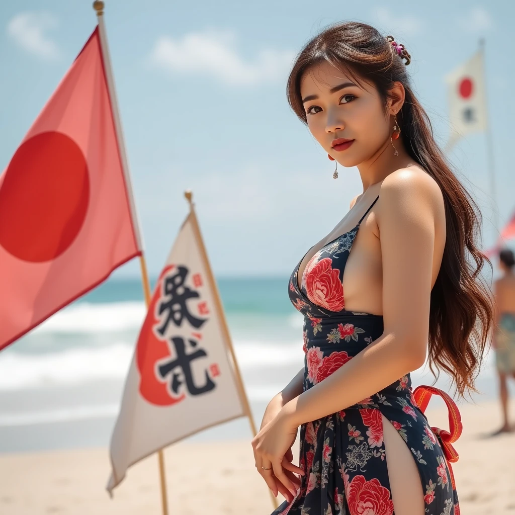 "Oriental beauty on the beach, can see the beauty's full body, there are flags, with Chinese characters and Japanese."