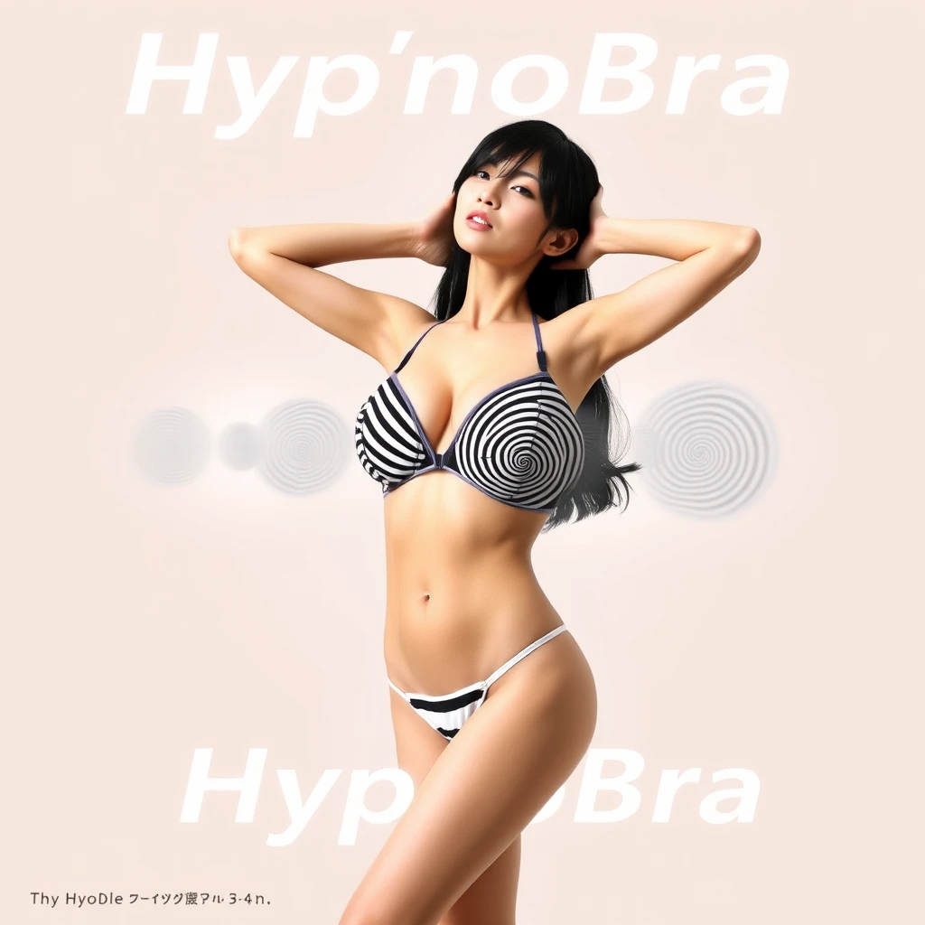 A dynamic advertisement poster for the HypnoBra showcasing a Japanese model in motion. The model, with long black hair, is wearing the HypnoBra bikini, which features hypnotic black and white spirals on each large, prominently-sized breast. She is posed with her hands clasped behind her head, slightly leaning forward and she sways her breasts from left to right. The poster captures this motion with a few afterimages trailing her breasts, creating a long-exposure effect that highlights the hypnotic movement. The background is a simple, neutral color to ensure the focus remains on the model's dynamic motion and the hypnotic design of the bikini. There is no text on the poster.