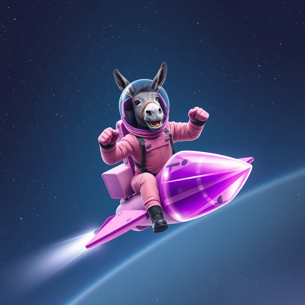 An ambitious donkey wearing pink astronaut costume, riding on a crystal light purple stunning spaceship, making a punching gesture, flying to the outerspace under a clear night sky with lots of shining stars. Realistic style. - Image