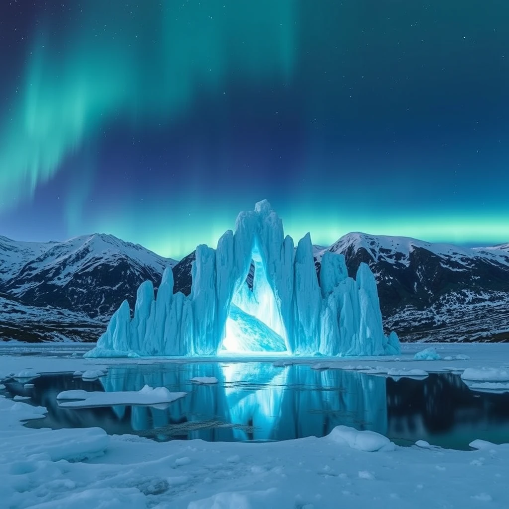 Crystalline ice palace reflecting northern lights, surrounded by snow-capped mountains.