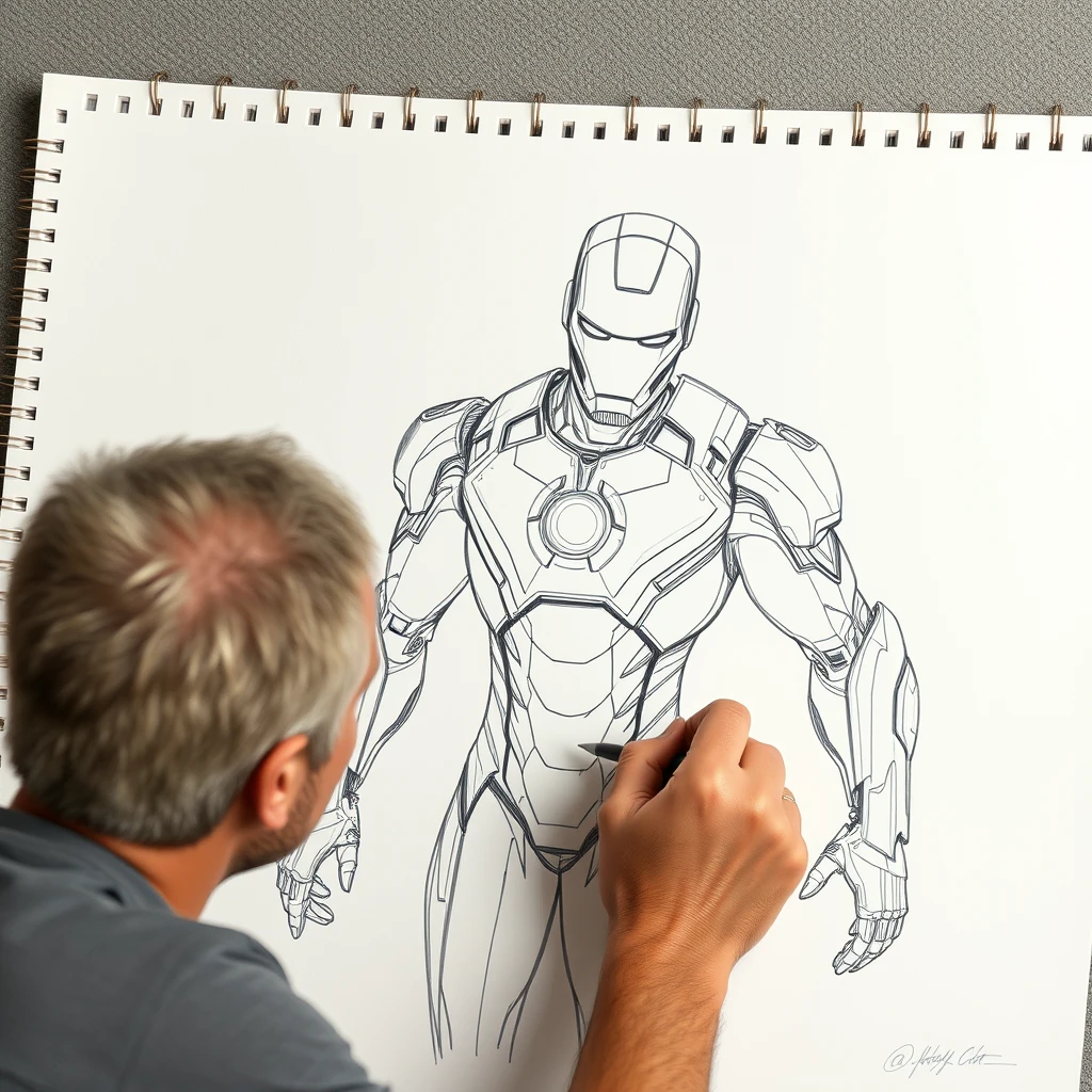 a sketch artist first sketching the image that led to the creation of the iron man suit - Image