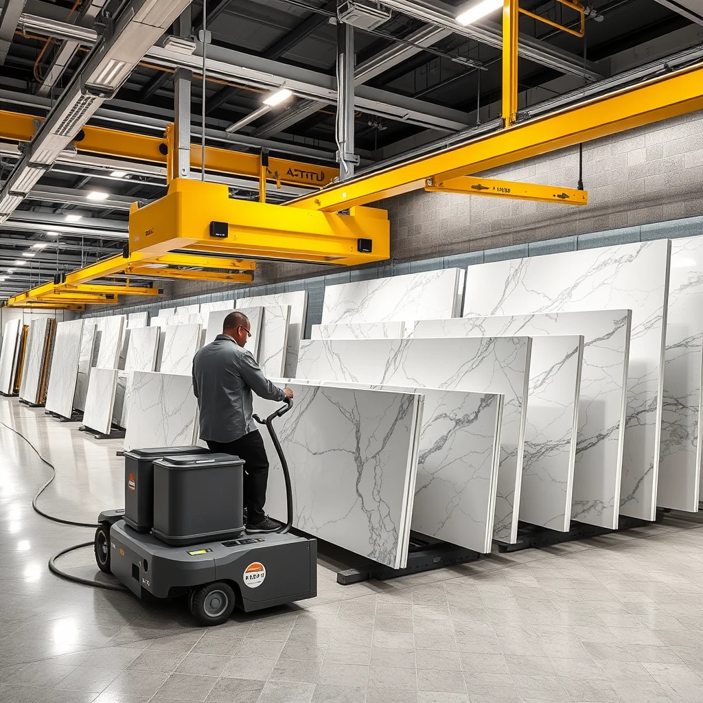 Smart, stylish automated display system that can hold large 4-meter-sized polished marble panels, allowing the panels to be transported to the display area using a combination of overhead rails and Automated Guided Vehicles (AGVs). Upon arrival, the panels are automatically arranged into multiple sets of L-shaped bookmatch format for the best viewing experience in a professional and cheerful setting. - Image