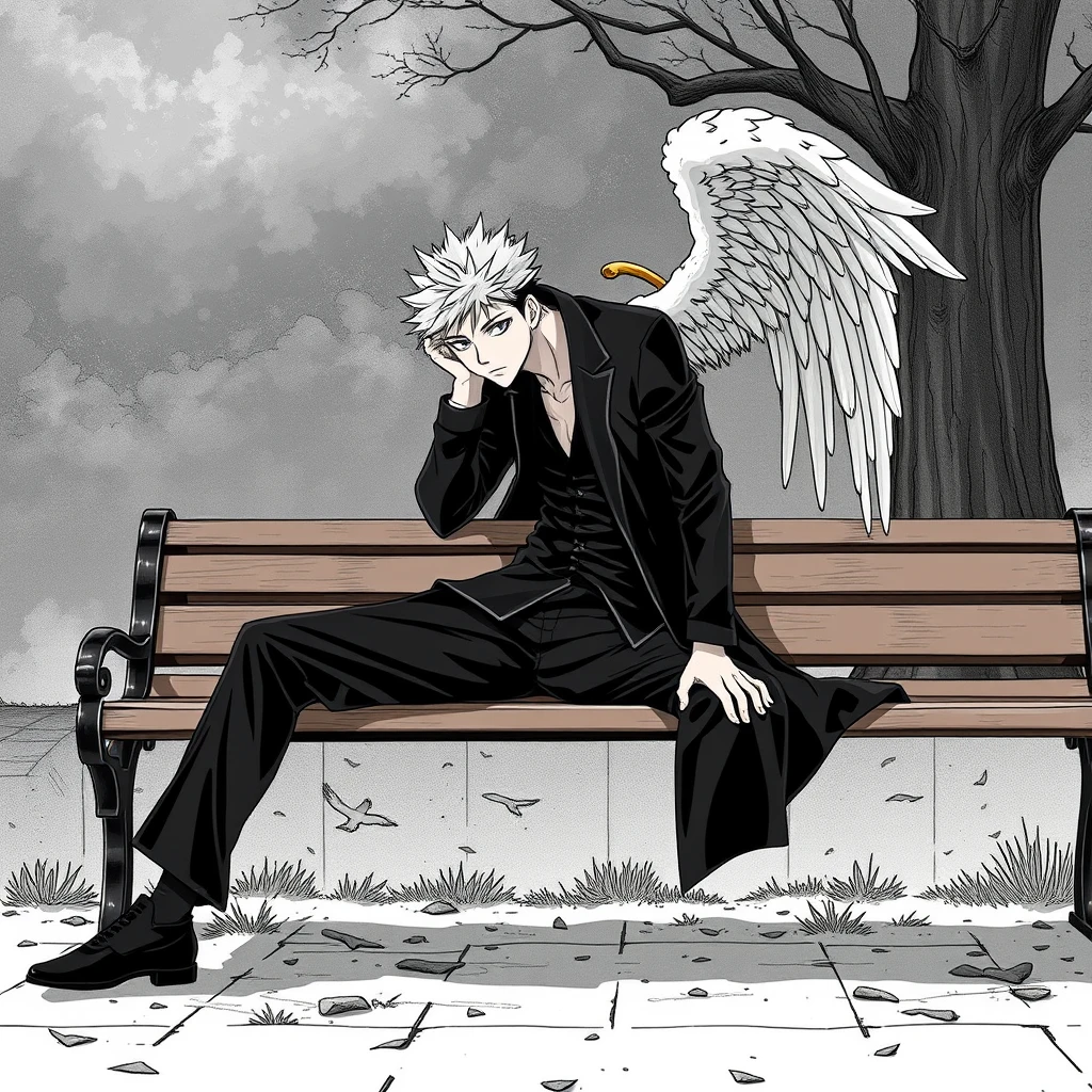 "Make Yuji Itadori from Jujutsu Kaisen in a position reminiscent of the painting The Fallen Angel by Alexandre Cabanel, while he is sitting on a bench. Create it in a manga version." - Image