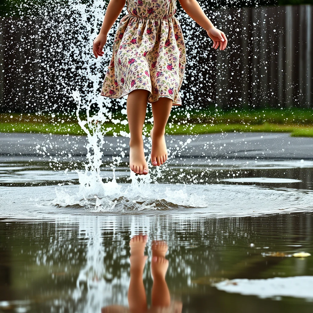 Create a photo: A teenage girl in a summer dress jumps barefoot into a puddle. The water splashes high.