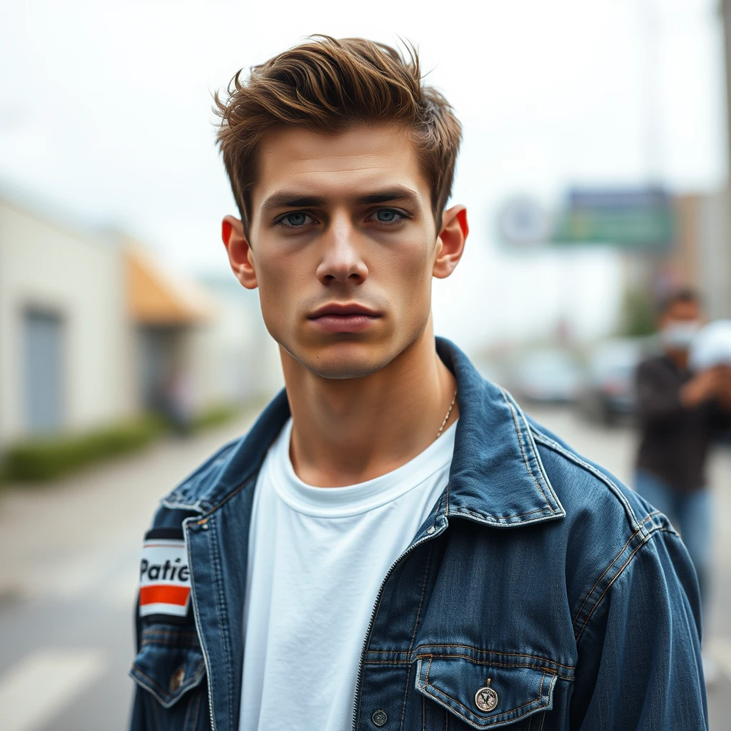 Freddie Prinze head and body shot, handsome, young, serious face, white T-shirt, collage jacket, jeans, hyper realistic, street photography.