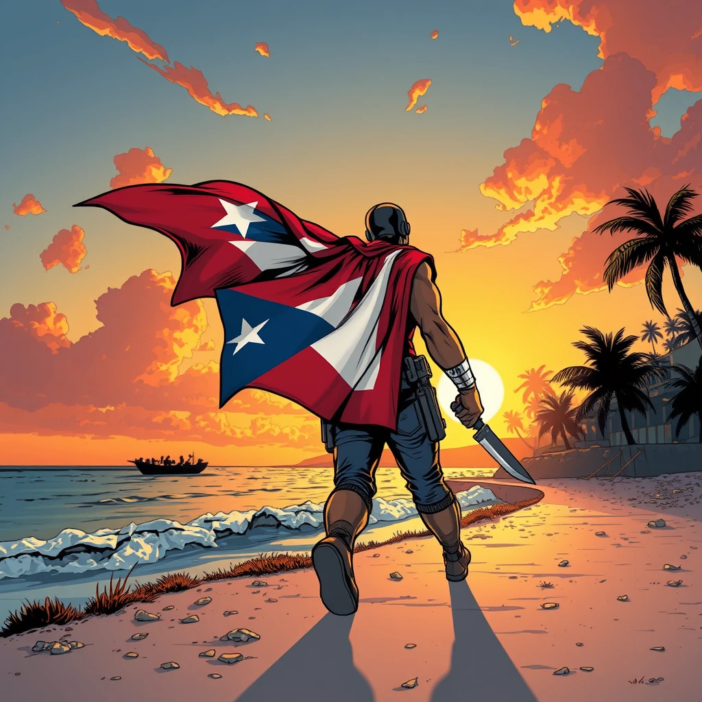 As the sun sets in Puerto Rico, a superhero emerges, their flag cape fluttering, machete emblem shining. With purpose, they patrol, ready to defend their homeland from any threat. Comic style, art by Todd Mcfarlane. - Image