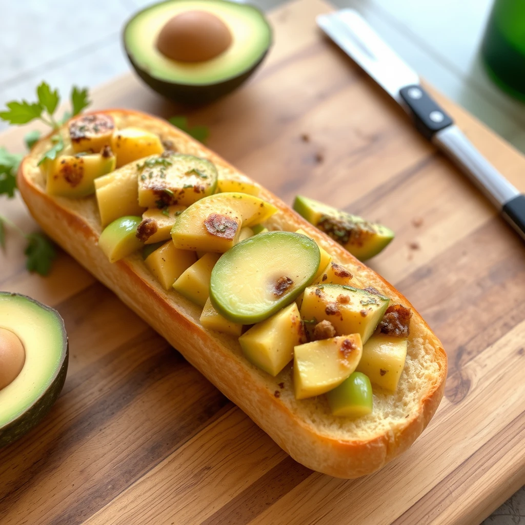 Longue baguette française remplie d'œufs brouillés et d'avocat. - Image