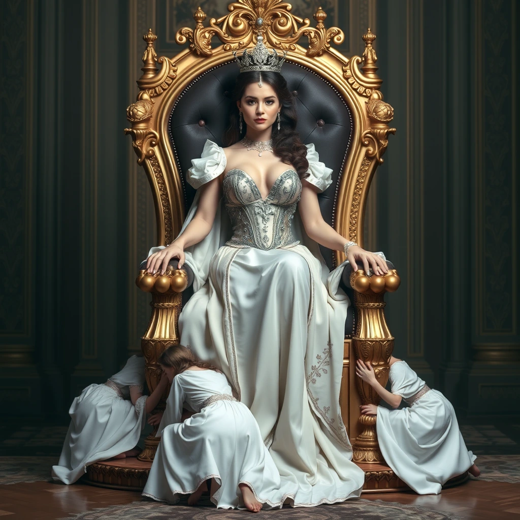 The voluptuous and sexy beautiful queen sits on a luxurious and exquisite throne, which is carried by four palace maids crawling.