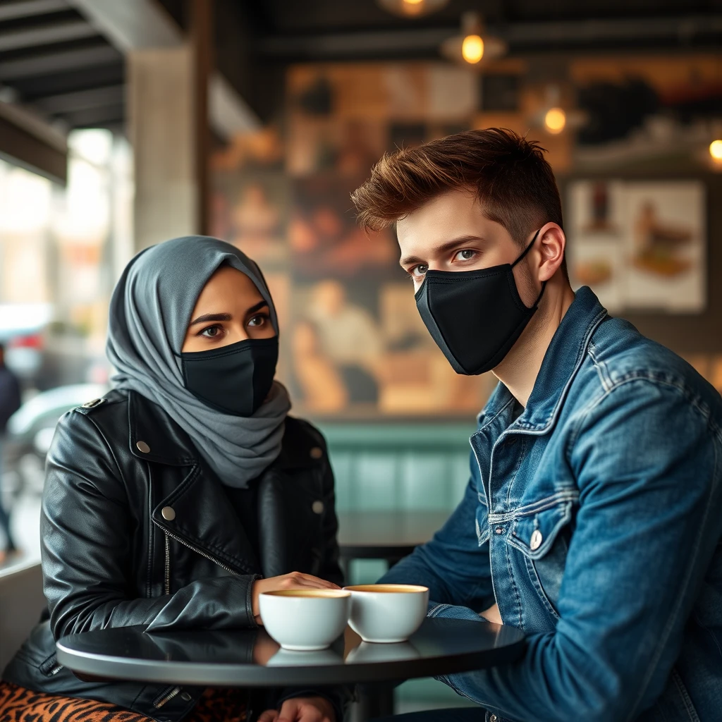 Jamie Dornan's head and body shot, handsome, black face mask, blue jeans jacket, jeans, dating with a Muslim girl in a grey hijab, beautiful eyes, black face mask, black leather jacket, biggest tiger pattern skirt, at a café, 2 cups of latte on a table, photorealistic. - Image