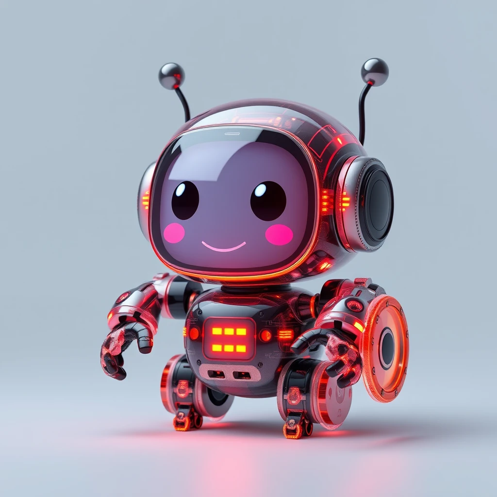 Cute aesthetic, a (tiny cute translucent polycarbonate robot) with an LED screen face, emoticon, stunning unreal engine render, intricate details. - Image