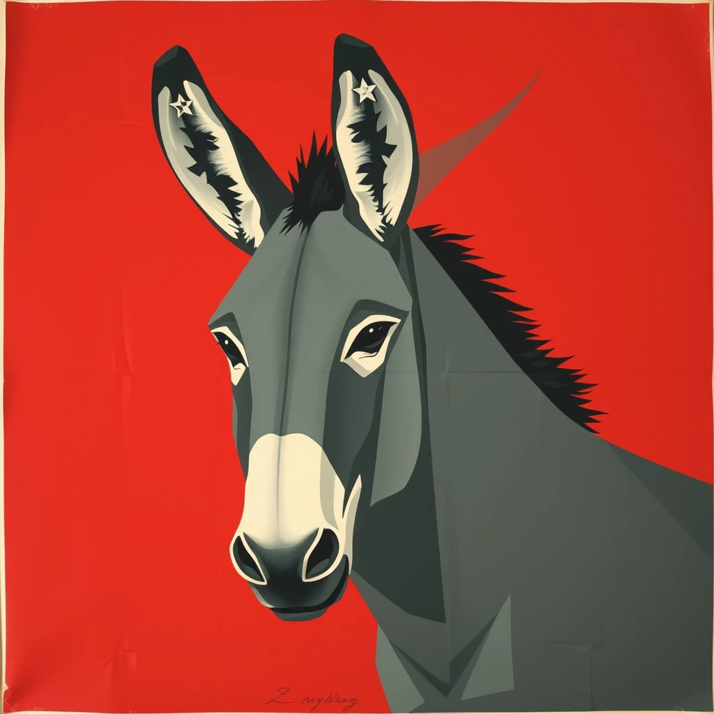 Soviet poster depicting a donkey, constructivist style. The donkey is gray and the background is dark red.