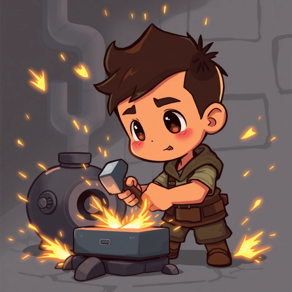 A 2D, chibi-style boy with slightly brown skin is hammering iron next to a boiler, creating sizzling sparks all around.