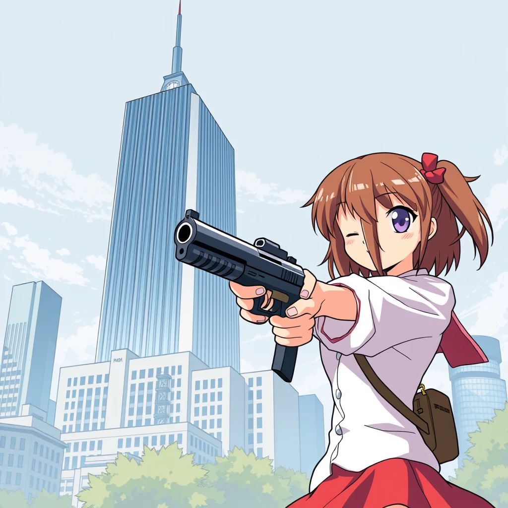 Anime-style girl holding a gun pointing towards a large building representing capitalism. - Image