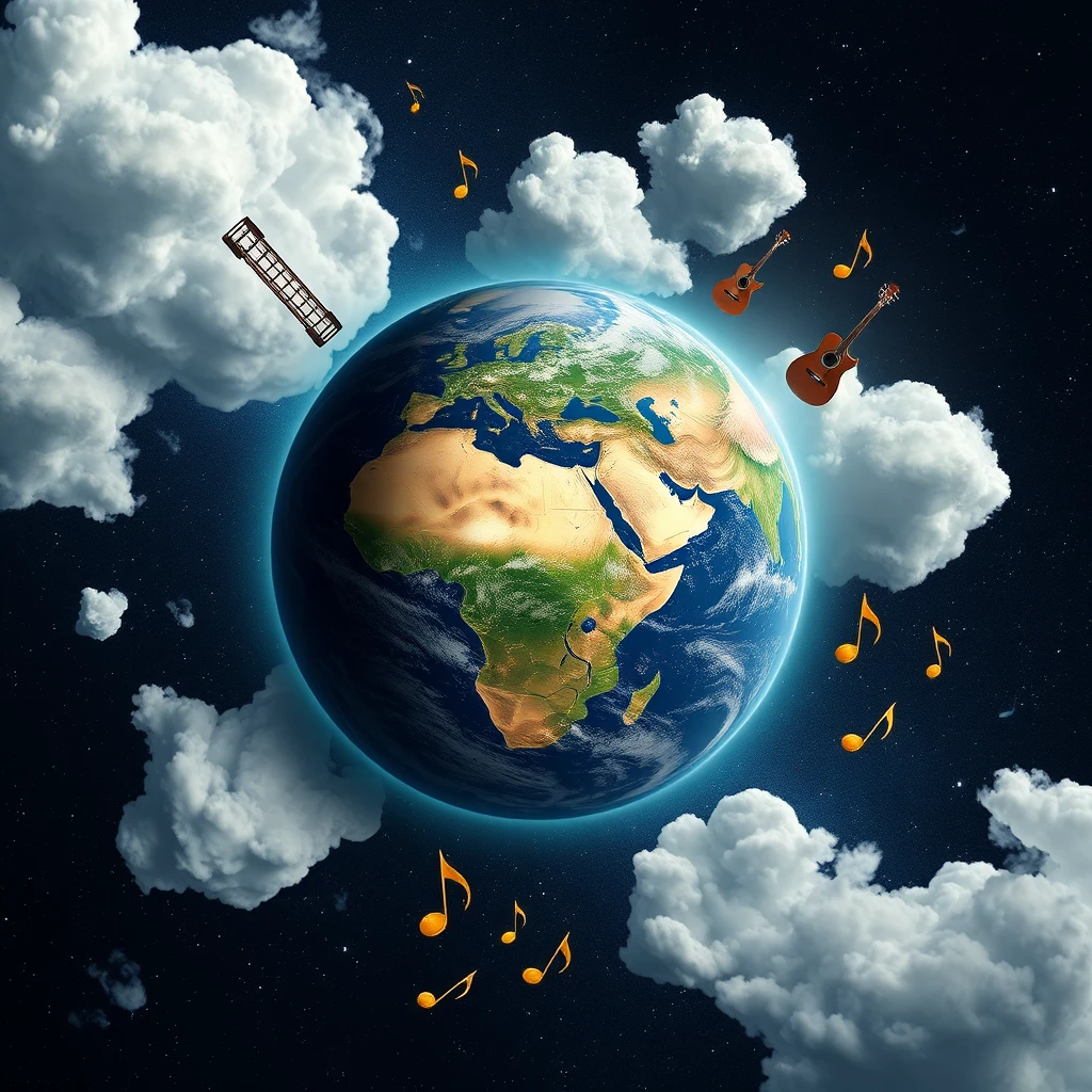 Earth globe in space, surrounded by galactic clouds, with musical instruments and notes flying around. - Image