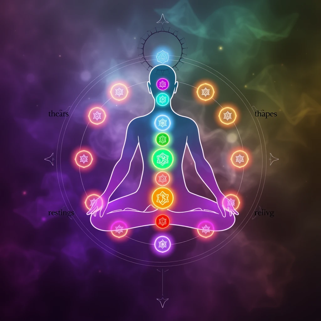 Seven chakra meditation diagram, the corresponding seven chakra positions and patterns of the human body glow, the overall background is magic witch style