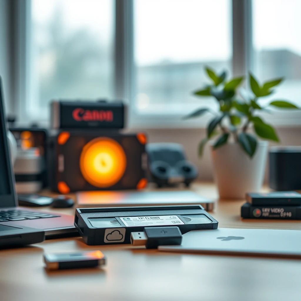 "Create a hyper-realistic product photo with a 16:9 aspect ratio. Capture a close-up shot in a modern, minimalist workspace. Utilize soft, diffused natural light from a large window, supplemented by warm ambient LED lighting. Use a Canon EOS R5 camera with an RF 24-70mm f/2.8L IS USM lens at f/4.0, 1/125s, and ISO 100. Include a VHS tape, a thumb drive, and a cloud icon. Place these elements against a blurred background of old videotapes and digital devices. Add a touch of greenery, such as a potted plant."