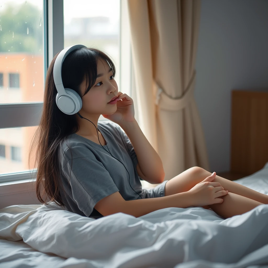 Photography, 1 Asian girl, on bed, listening to music, wearing headphones, window, raining outside, soft light.