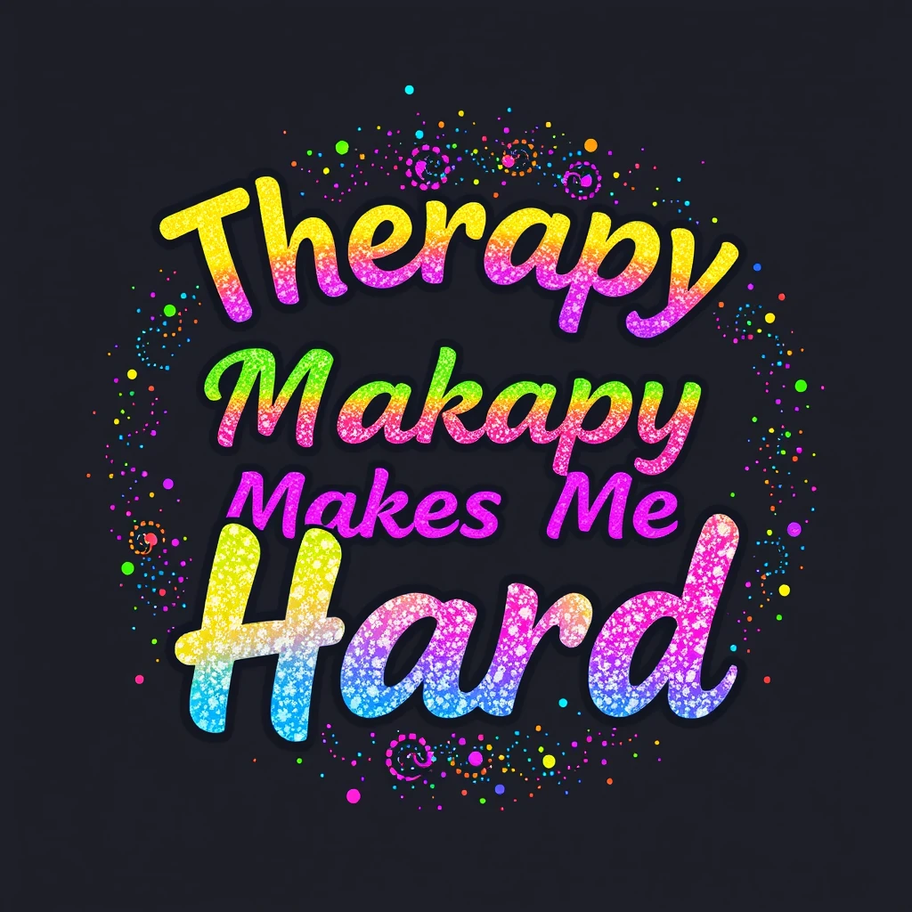 T-shirt design with fantastic vibrant glittery elements and an iridescent effect featuring ethereal text that says "Therapy Makes Me Hard," with each word in a different vibrant color. - Image