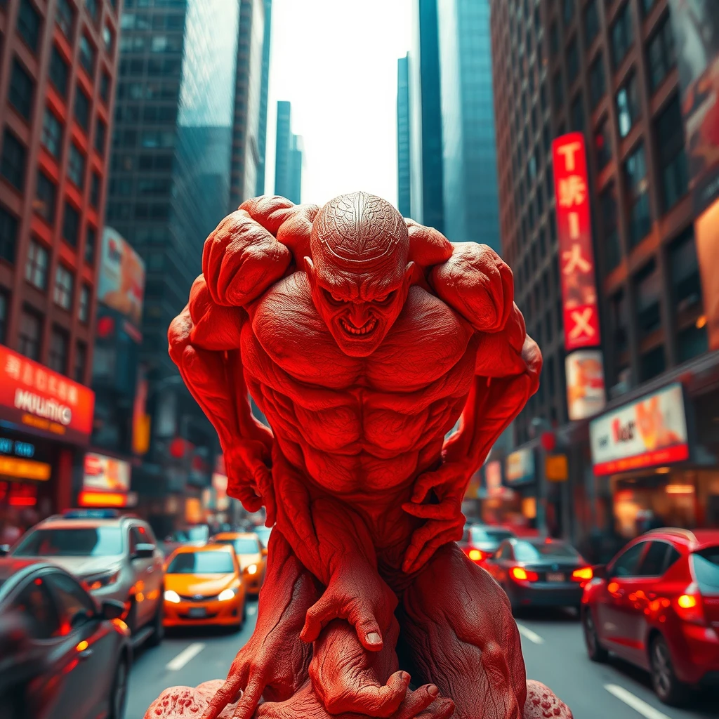 A sculpture of a tense figure, muscles visibly strained, in a chaotic urban environment, surrounded by blurred traffic and towering skyscrapers. Intense red and orange hues dominate, with sharp lighting from above creating deep shadows. Created Using: hyper-detailed textures, exaggerated human anatomy, urban chaos theme, high-contrast lighting, dynamic angles, vibrant colors, expressionist influence, hd quality, natural look.