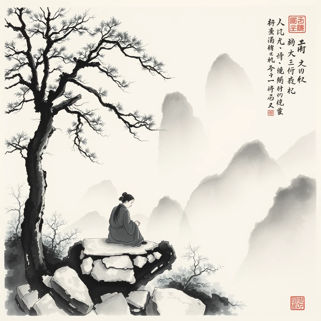 Sitting in Jiangshan, Chinese ink painting - Image