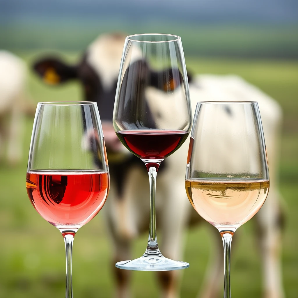 3 glasses of wine with a blurry background of a cow. One of the glasses is upside down.