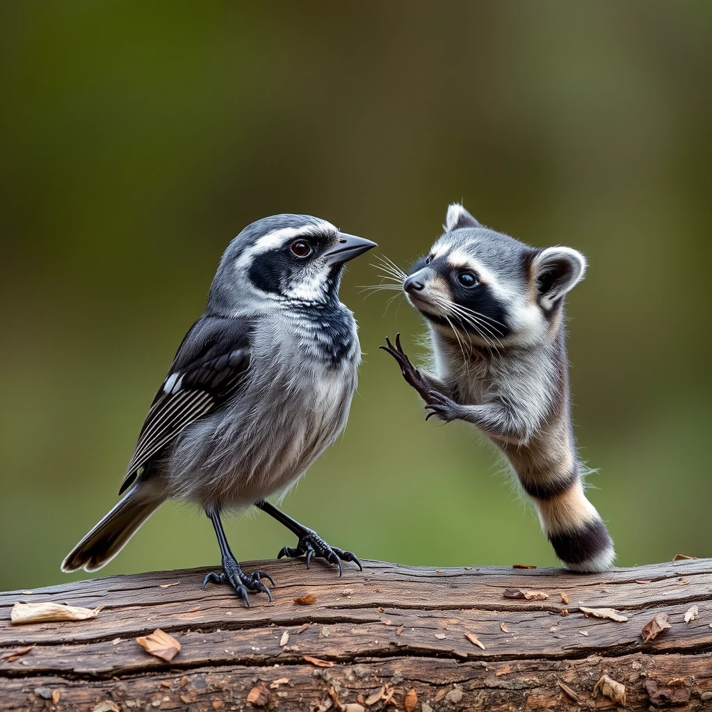 Photorealistic sparrow helps a raccoon. - Image