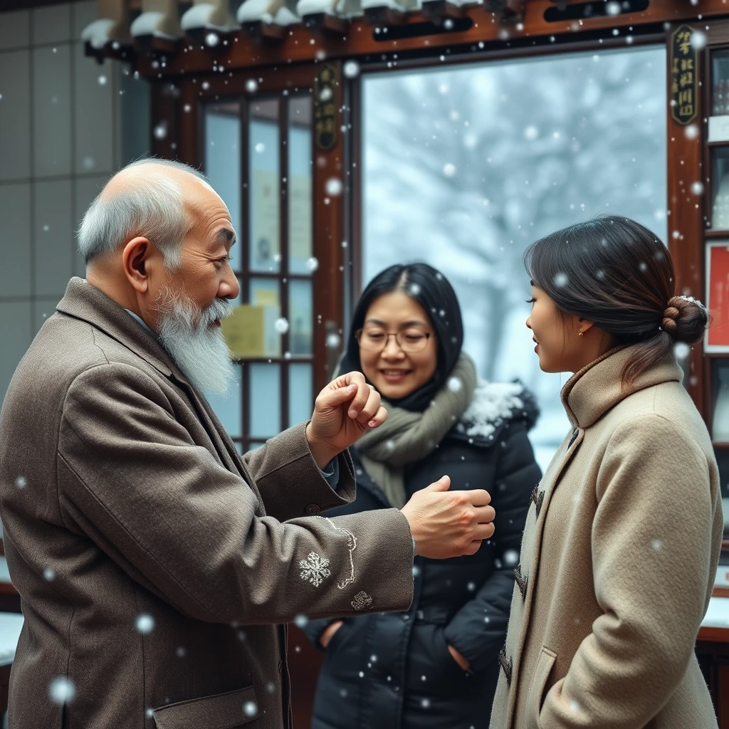 In the traditional Chinese medicine clinic, an old man is taking the pulse of a young woman, while heavy snow falls outside the clinic.