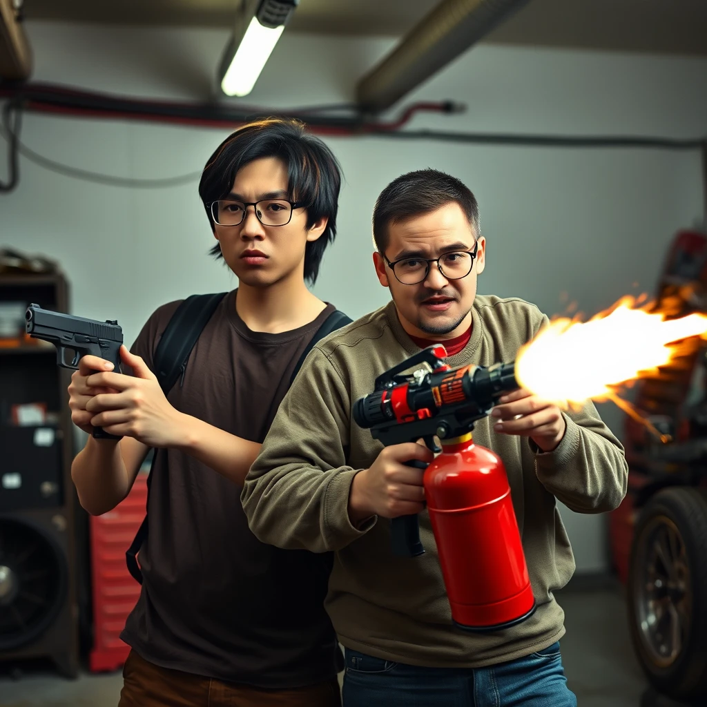 A 21-year-old white man from Northern China, thin with a long face and square chin, wearing square glasses and holding a pistol, has medium to long-length hair. A 21-year-old Caucasian Italian man, wearing round glasses and short hair, is holding a very large fire extinguisher flamethrower. The setting is a garage, and both appear angry. - Image